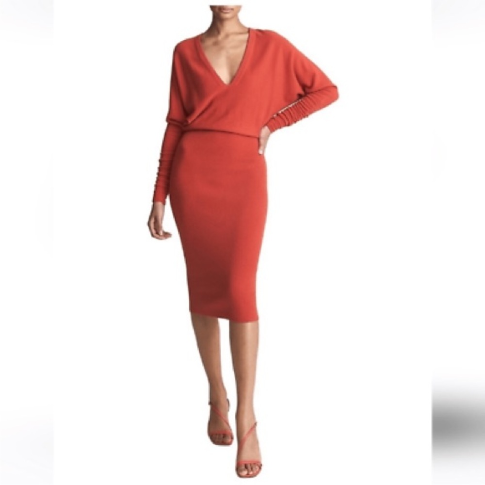 NWT Reiss Jenna Knit Cashmere Wool Blend Sweater Midi Dress Orange